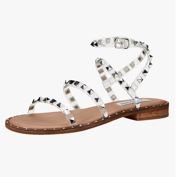 Steve Madden Travel, Clear Strappy Silver Pyramid Studded, Flat Sandals - Picture 1 of 11